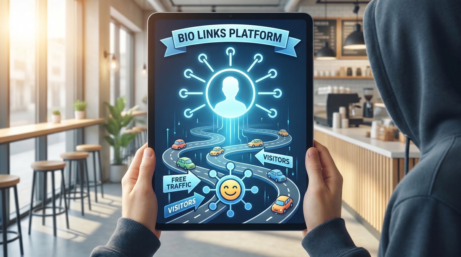 A modern workspace with a laptop, smartphone, and tablet displaying bio link management apps on a clean desk with plants and coffee.
